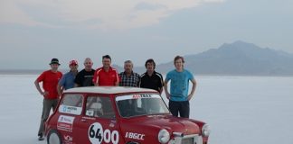 Crew members with the world’s fastest Mini from left; Mike Wilson, Steve Tolmie, Paul Dowell, Garry Orton, Larry Mulholland, Bryan Hartley and Nelson Hartley. Photo: Mike Wilson.
