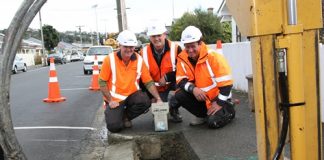 Working on bringing ultra-fast broadband to Nelson homes and businesses are from left; Paul Heath of Adcock and Donaldson, Steve Lovell of Transfield Services and Darryl Shadbolt of Adcock and Donaldson. Photo: Andrew Board.