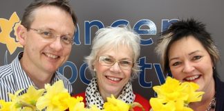 Preparing for Daffodil Day this Friday is from left; CEO of the Cancer Society’s Wellington division Michael Smith, Nelson manager Linda Lucre and Shannan Clarke. Photo: Andrew Board.