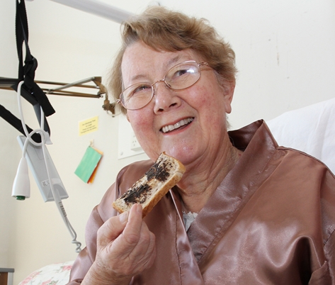 marmite12_cropped Solveig Sheed having Marmite on toast for breakfast at Nelson Hospital last week. The hospital still has a supply of the spread which hasn’t been produced since March. Photo: Andrew Board