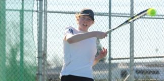 Nelson tennis player Henry Neas in action during Saturday's Junior Open Championship at the Tasman Tennis Centre in Richmond. Photo: Phillip Rollo.