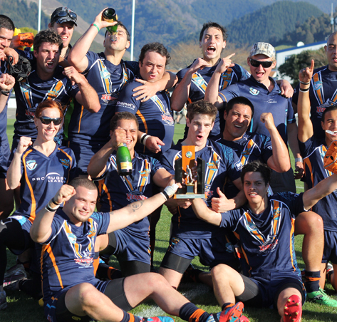 League 022 The Tasman Titans celebrate winning the South Island Rugby League Championship.