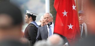 Ben Gibbs addresses the crowd at the Merchant Navy Day parade at Anzac Park on Saturday. For more photos of the parade visit www.nelsonweekly.co.nz. Photo: Andrew Board.