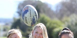 School rugby players Charna Thompson, 18, Laura Stielow, 16, and Tash Kara, 17, are off to Christchurch tomorrow to compete against the best schools in Christchurch in a 10s competition. Photo: Andrew Board.