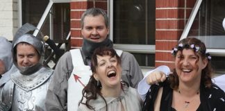 Stoke bride Julia Lines has a laugh with other guests and her husband Brent (centre back) at her medieval-themed wedding on Saturday. Photo: Sinead Ogilvie.