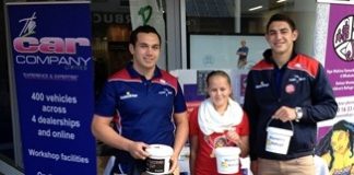 Tasman Makos Vernon Fredericks, left, and Bryce Heem with Italy. All joined the Car Company staff to raise money for Nelson Women’s Refuge on the streets of Nelson last week.