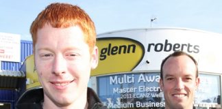 SPARKPLUG: New Zealand electrical apprentice of the year winner Alex Tyson, 25, with his boss, Glenn Roberts Electrical owner Josh Roberts. Photo: Andrew Board.