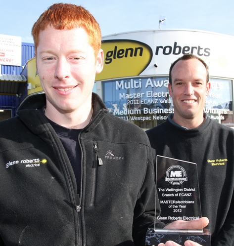 glenroberts12 SPARKPLUG: New Zealand electrical apprentice of the year winner Alex Tyson, 25, with his boss, Glenn Roberts Electrical owner Josh Roberts. Photo: Andrew Board.