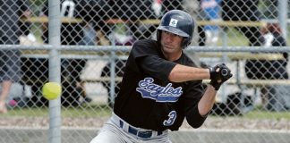 Eagles hitter Nigel Kelly lines up a pitch during a game at Saxton Field on Saturday. Photo: Phillip Rollo.