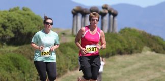 Jacinda Beyer-Rieger (1207) leads Jane Andrew (1240), both of Nelson, during the Run Mahana event on Sunday. Photo: Phillip Rollo.