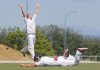 Stoke/Nayland bowler Dylan Eginton throws his hands in despair as an edge falls just wide of close in fielder Ben Homan during the weekend's two day cricket final at Saxton Field. Photo: Phillip Rollo.