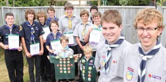 Queen Scout’s Shaun Honor and Ben Sutton, far right, with some local scouts that have earned awards from left; Jamie Kunzli, Logan Williams, Simon Wynne-Jones, Tom Robinson and Richard Horne, all of the Iron Duke Sea Scouts. Jonathan Growcott of Enner Glynn, Sam Harrison of Brightwater, Culainn Wadsworth of Riwaka, Tim Green, Sam Burke and Oliver Burke, all of Wakefield. Photo: Andrew Board.