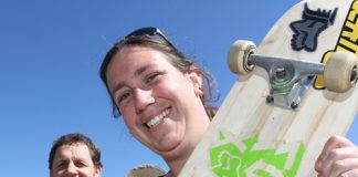 Mother Sharee Dowdall with a skateboard given to her by Nelson College teacher Martin Love after Sharee sent a text message to Nelson Weekly’s Your Voice column. Photo: Andrew Board.