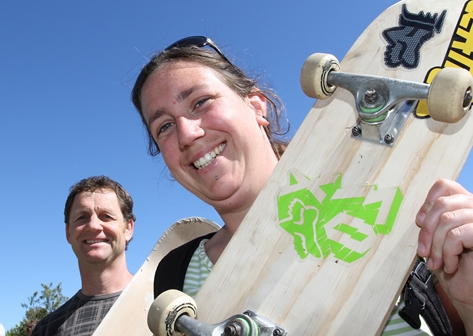 skatermum15 Mother Sharee Dowdall with a skateboard given to her by Nelson College teacher Martin Love after Sharee sent a text message to Nelson Weekly’s Your Voice column. Photo: Andrew Board.