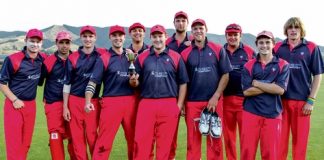 Stoke/Nayland has won the Colin Aitken Twenty20 Trophy after seeing off Wanderers in the final over. They are from left; Mitchell Drummond, Jacob Beleski, Todd Marwick, Ben Homan, Brendan Hodgson, Alex Coles, Angus Riley, Dylan Eginton, Paul Capstick, Josh Sansom and Mitchell Ross. Photo: Phillip Rollo.