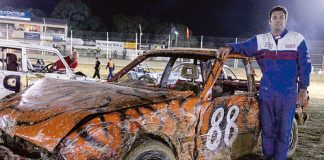Gavin Peterson took out the Demolition Derby in a car he won thanks to a lucky raffle ticket. Photo: Phillip Rollo.