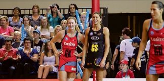 Nelson's Zoe Walker lines up against Irene van Dyk during Sunday night's ANZ Championship match at the Trafalgar Centre. Insert: Zoe grabs a rebound for the Tactix. Photos: Phillip Rollo.
