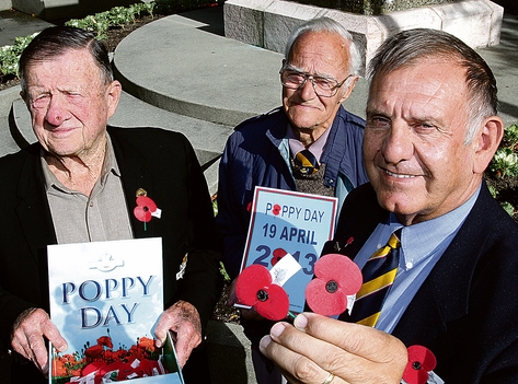 rsa15 Nelson RSA members preparing for Poppy Day this Friday. They are from left; Doug Goodall, who served in the Navy in World War 2; Don Squire, who served in the army in the Korean War and RSA Nelson president Barry Pont, who served in the army at Vietnam. Photo: Andrew Board.