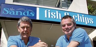 Bruce Maxfield and Roy Gray, owners of Sands Fish & Chips sit at a proposed outdoor seating spot. Photo: Sinead Ogilvie.