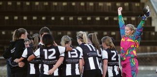 WINNERS: FC Nelson goal keeper Sasha Kerslake celebrates as her team huddles after a 1-0 win in the ASB Knockout Cup on Sunday.