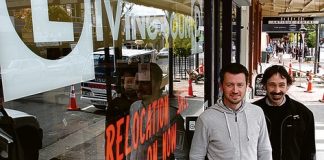 Living Sound owners Phil Jordan and Ricky Dasler outside their shop on Hardy St. Photo: Andrew Board.