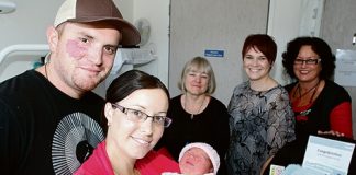 Jared and Lauren Rameka-iti with their baby Anika who was born on Plunket’s birthday last week. With them is charge mid wife manager Lois McTaggart, Plunket’s car seat technician Tenielle Delport and Plunket’s community services coordinator Gayle Petch. Photo: Andrew Board.
