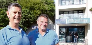 Sands Fish and Chip shop owners Roy Gray and Bruce Maxfield outside their Tahunanui shop. Photo: Sinead Ogilvie.