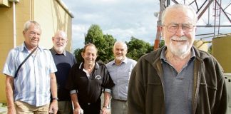 Laurie Merrick with former work mates Hank Beek, Terry Sutton, Grant Wood and Mike Weller after the analogue to digital TV switchover.