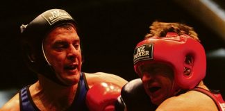 Nelson mayor Aldo Miccio landing a punch on Bowater Honda CEO Chris Bowater. Photo: Andrew Board.