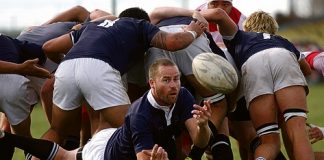 Nelson division two halfback Danny Healy clears the ball from the back of a defensive scrum at Jubilee Park on Saturday. Galbraith Nelson beat hosts Star & Garter Waimea Old Boys 13-9. Photo: Andrew Board.