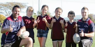 Tasman Rugby Union’s Kahu Marfell and Shawn Begg supporting the new campaign to reward volunteer referees of junior rugby. With them at Greenmeadows are Stoke School ripper rugby players Nicole Byrman, 9, Latia Grey, 10, Tanykah Wilson, 10 and Matachi Ray, 8. Photo: Andrew Board.