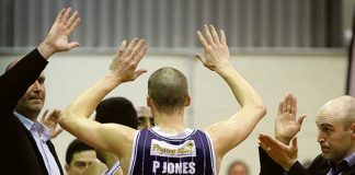 Nelson Giants captain Phill Jones receives a standing ovation from coaching staff Ed Book and Liam Flynn after putting in a season best performance. Photo: Phillip Rollo.