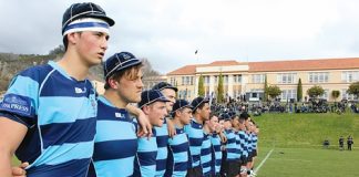 Quin Strange with the rest of the Nelson College 1st XV players as they face a haka performed by their class mates at the Quad Tournament on Monday. Photo: Phillip Rollo.