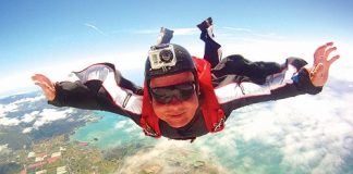 Nelson man Marcel Messemaker high above Tasman. He will be taking part in Good Vibes 2013, a skydiving event based in Motueka.