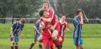 WINNING PHOTO: Westlake Boys’ High School players celebrate scoring against Nayland College during the Lotto Premier NZ Secondary School Football Championship.