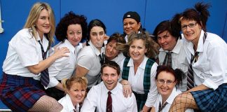 Some of the 30-strong cast of Nayland Primary School's annual show. They are from left; Kris Cavit, Nat Haslam, Trish Parkins, Tamara Allen, Matt Witty, Sue Haines, Nicky Mason, Mare MacMahon, Tia Andrews, Kim Smith and Kaz Halkett. Photo: Andrew Board.