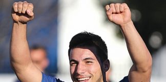 Nelson Bays winger Ryan Setefano celebrates scoring a try right on full-time as his side beat Buller in the Seddon Shield on Saturday. Photo: Phillip Rollo.