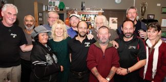 Members of Randall’s social club from left; Randall Uitendaal, Sonny Komene, Izzy Komene, Gavin Hill, Kharyl Annan, Shane Warland, Duane Hughes, Murray Leitch, Neil Kelly, Craig Ashton, Murray Griffith and Brenda Mathews. Photo: Andrew Board.