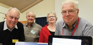 Some of the committee members of Seniornet Nelson which will celebrate its 20th anniversary in a fortnight are from left; Duncan Fuller, Graeme Valpy, E'beth McKendry and Lindsay Hunter. Photo: Andrew Board.