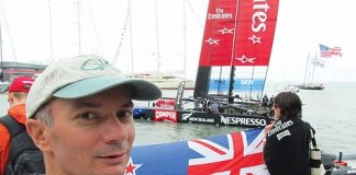 Nelson man Andrew Marshall in San Francisco with Team New Zealand in the background.