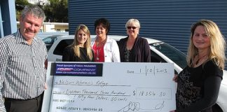 Car Company owner Shane Drummond hands over a cheque for $18,354.30 to Nelson Women’s and Children’s Refuge manager Trudi Brand. With them is Belinda Koloamatangi, Reni Gargiulo and Breffni O’Rourke. Photo: Andrew Board.