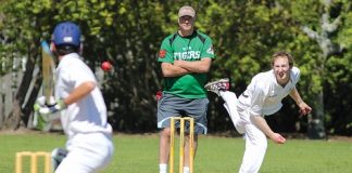 Stoke-Nayland bowler Marty King in action during Saturday’s draw with Waimea Toi Toi United. Photo: Phillip Rollo.