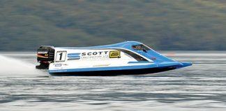 National power boat champion Julian Stilwell, of Nelson, in action at the Acceleration On Water, Festival Of Speed Tour at Lake Rotoiti on Saturday. Photos: Barry Whitnall/Shuttersport.