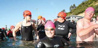 Swimmers get ready for the start of the first race of the Port Nelson Sea Swim series that began at the Nelson Yacht Club last Thursday. Photo: Simon Bloomberg.