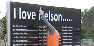 Nelson City Council contractors put up the I love Nelson sign in September.