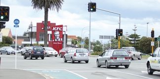 The new single lane traffic at the Tahunanui lights. Photo: Sinead Ogilvie.