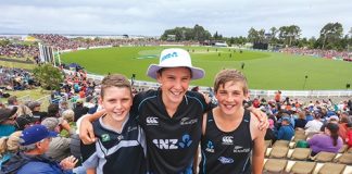 Henry and Simon Anderson with Matthew Leonard at the Black Caps versus West Indies ODI at Saxton Oval on Saturday. Photo: Phillip Rollo.