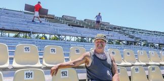 George Sturgeon and his team of volunteers have been erecting temporary grandstands at Sports Park Motueka to ready it for February's Super Rugby pre-season game. Photo: Phillip Rollo.