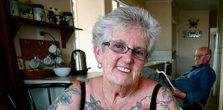Joan Wills, 72, loves her tattoos and showing them off. Photo: Steve Page.