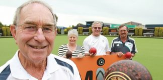 Mates in Bowls organiser Peter Goodman with from left, club president Barb McBride, and bowlers Frank Butt and Darren Quirk. Photo: Andrew Board.